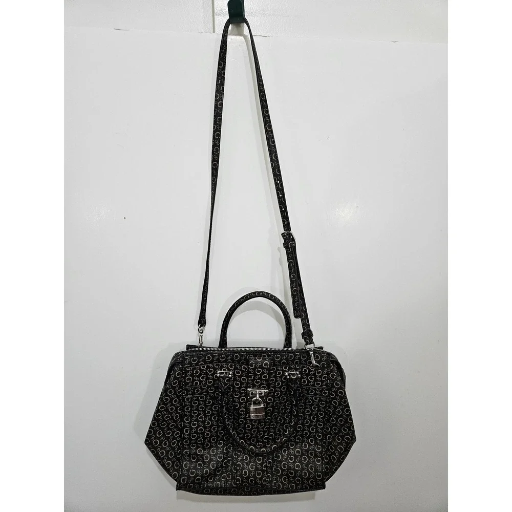 Guess Black Tan Signature G Logo Satchel Handbag Crossbody Padlock Detail Y2K